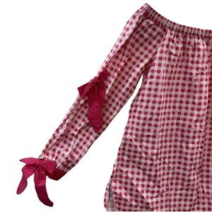 XOXO Raspberry Gingham Blouse Off Shoulder Tie Long Sleeves Women’s Size S NWT
